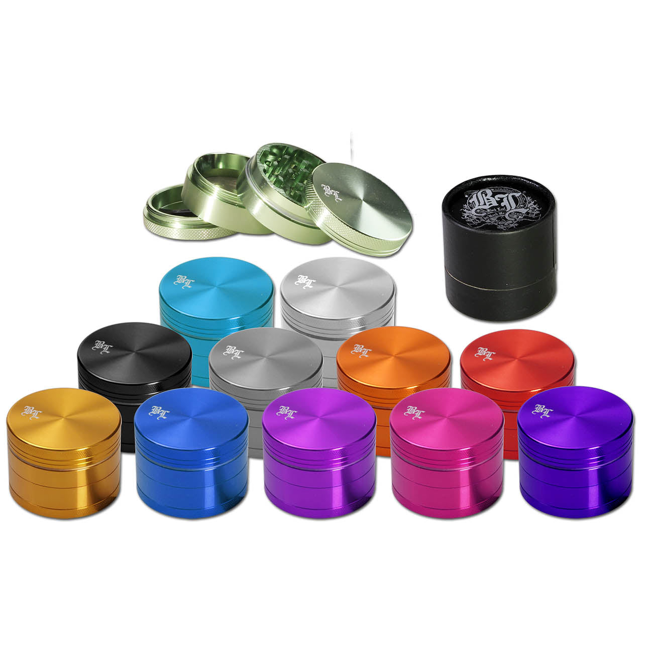 GRINDER IN ALLUMINIO BLACK LEAF 4PZ VARI COLORI  @50mm CON SCATOLA REGALO